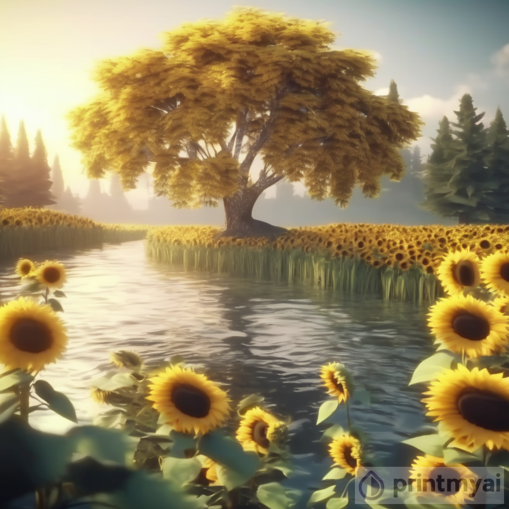 Stunning Nature Animation: Focus Tree with Sunflower and River