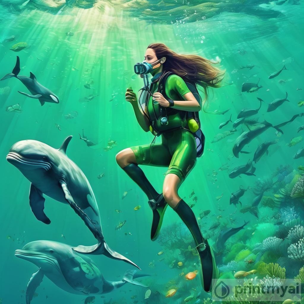 Girl in Green Biking Snorkeling Underwater with Whales