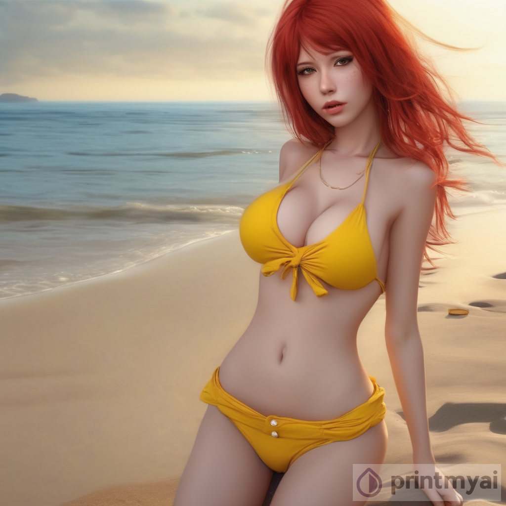 Seductive Redhead at NSFW Beach in Yellow Bikini