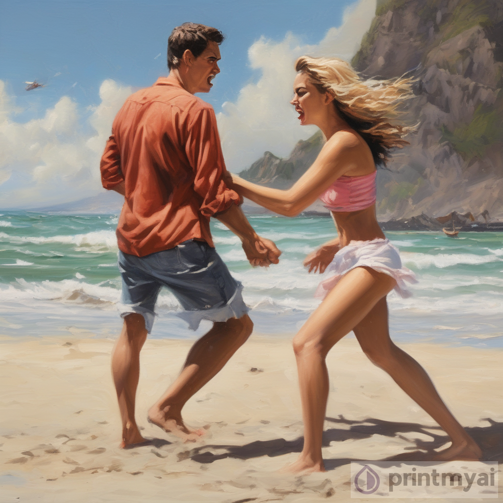 Intense Couple Fighting on Beach at Sunset
