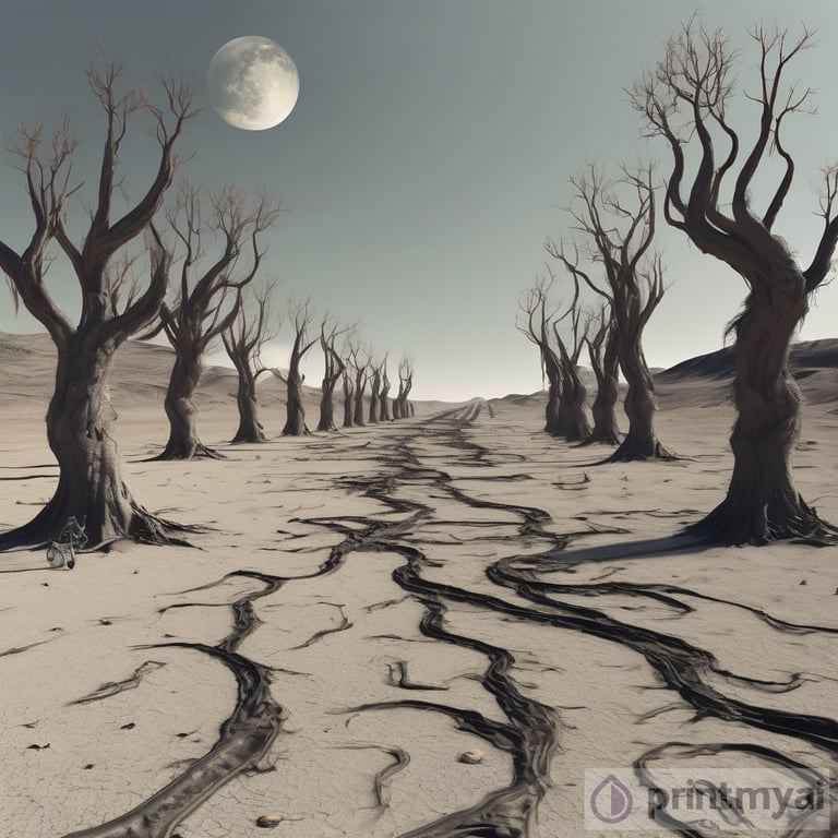 A pathless A pathless road on the moon surface. The all around the road is full of weird trees which are upside down  . The roots of the trees are extremely long