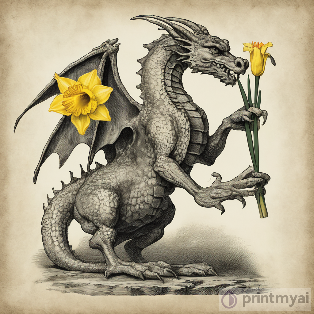 Welsh dragon holding daffodil