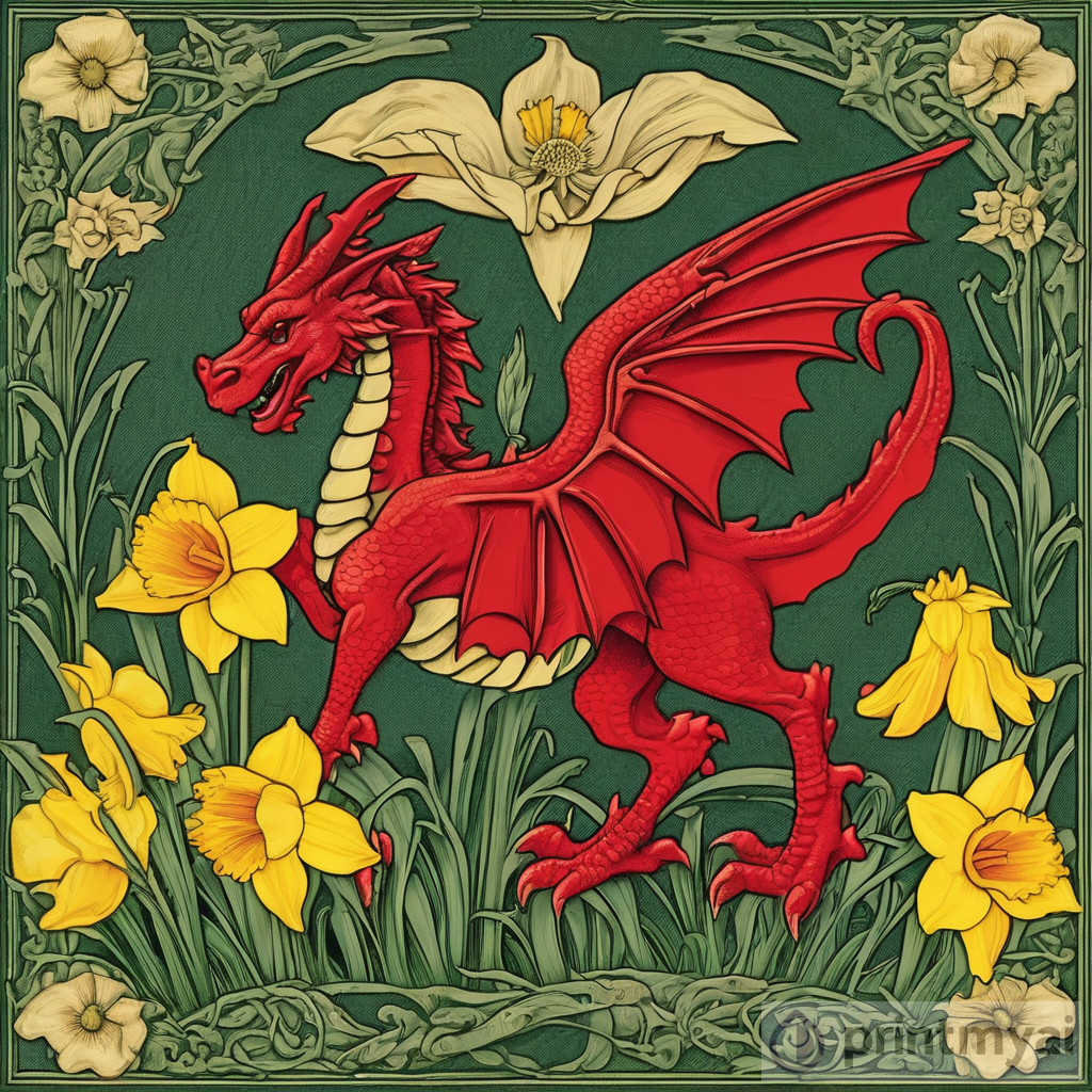 Red Welsh Dragon & Daffodil Art