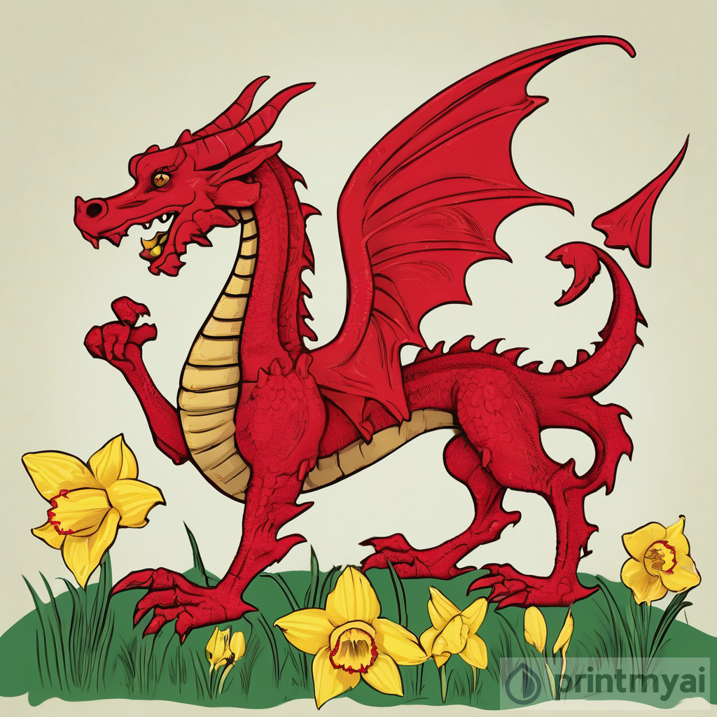 Red
Welsh dragon holding one
daffodil