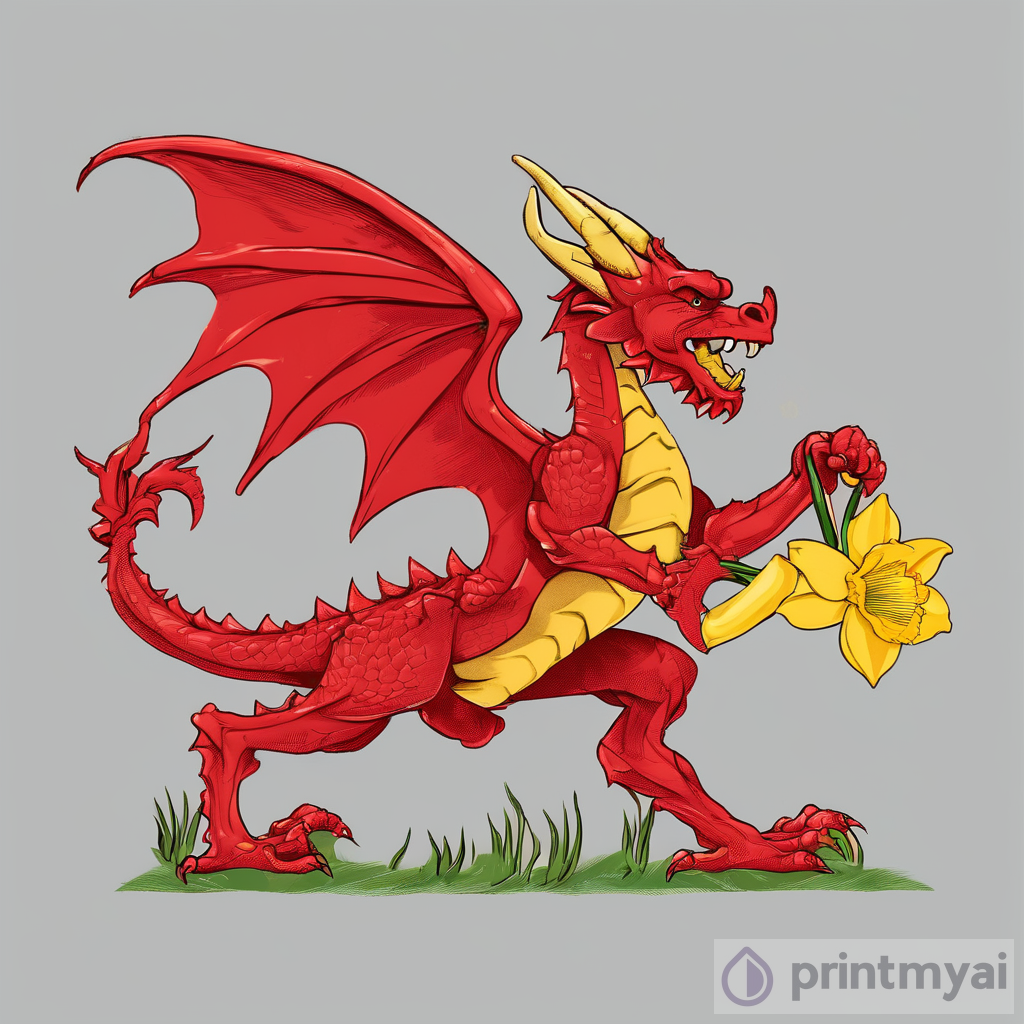 Red
Welsh dragon holding one
daffodil in his claw