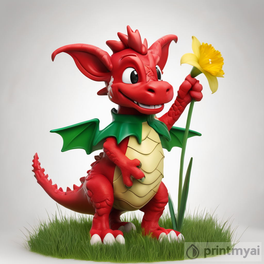 Smiling red all over Welsh dragon standing on green grass white background holding one
daffodil in his claw
